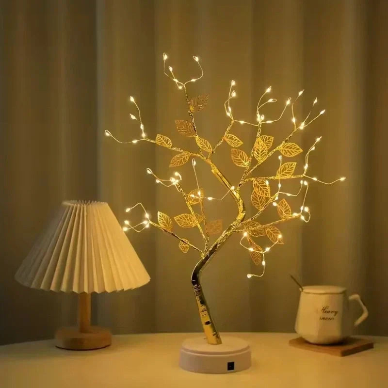 LED Golden Leaf Bonsai Tree Lamp with warm white light. Decorative LED lamp for elegant home decor.