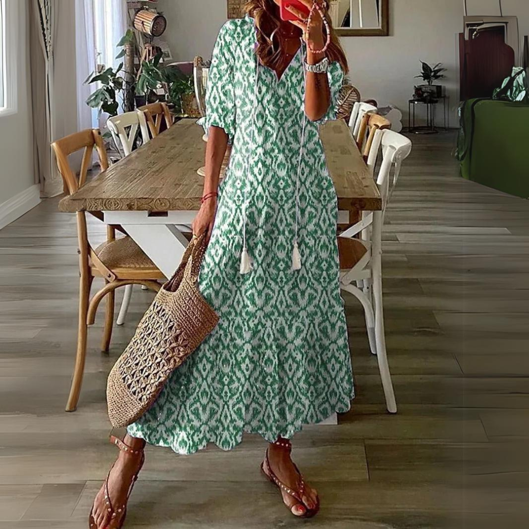 Flowing floral print maxi dress, a stylish V-neck summer dress for women's fashion & vacation outfits.