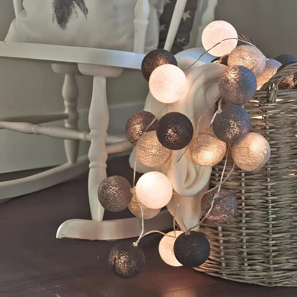 Children's room cotton ball lights, safe and charming decor for a playful atmosphere.