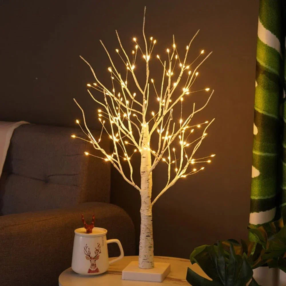 Decorative Nordic birch tree lamp with warm white LED lights, perfect for home accent & ambient bedroom decor.