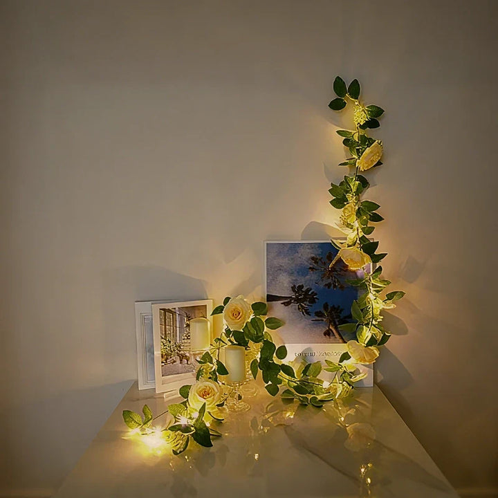 Beautiful LED leaf string lights, warm white, for creating a cozy and inviting ambiance.