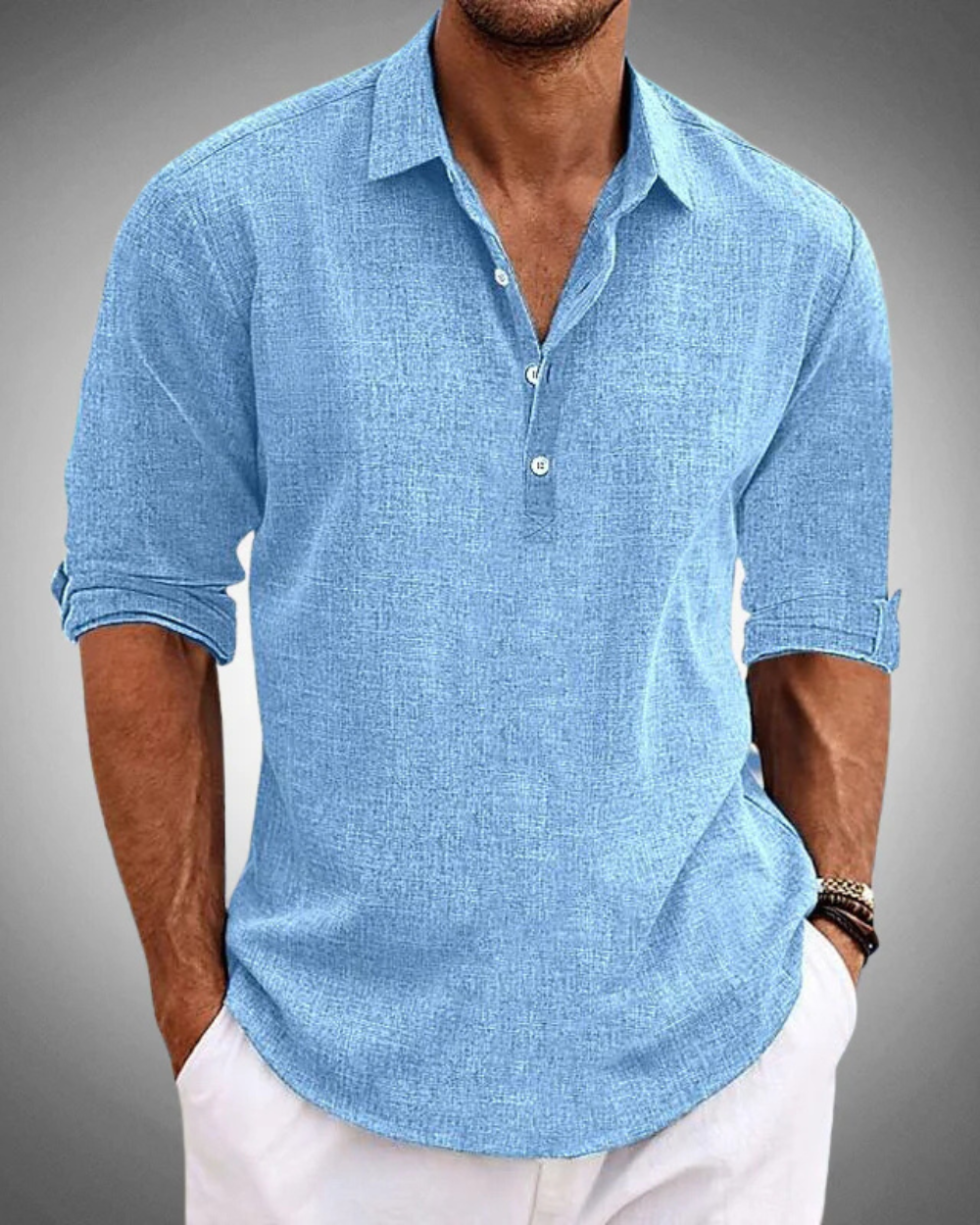 Stylish men's classic long-sleeve button-front shirt for refined, timeless business casual and everyday fashion.