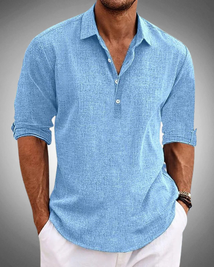 Stylish men's classic long-sleeve button-front shirt for refined, timeless business casual and everyday fashion.