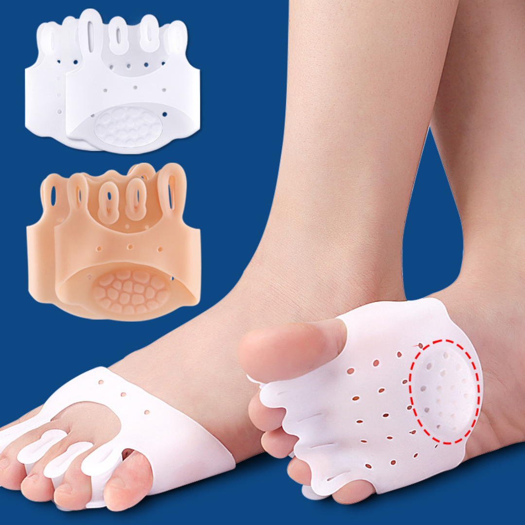 Soft silicone split toe separator foot pads. Massager design offers foot comfort & daily wear for pain relief.