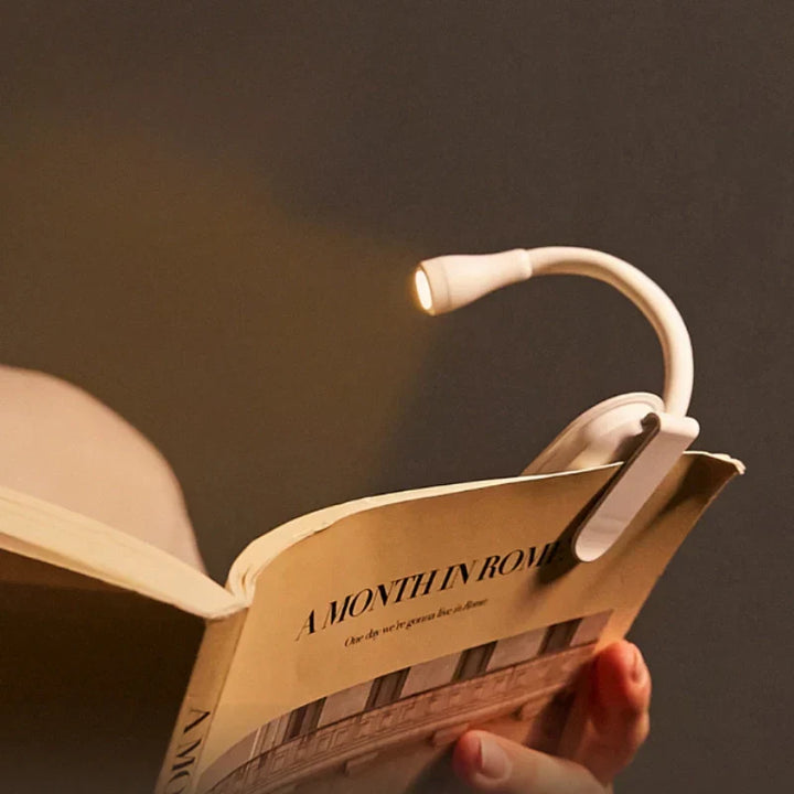 Travel-friendly clip-on reading light, compact, rechargeable LED, eye-care design for any book.