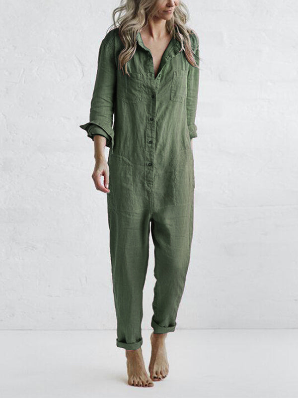 Chic women's long sleeve button-front jumpsuit, one-piece for versatile casual or evening wear.