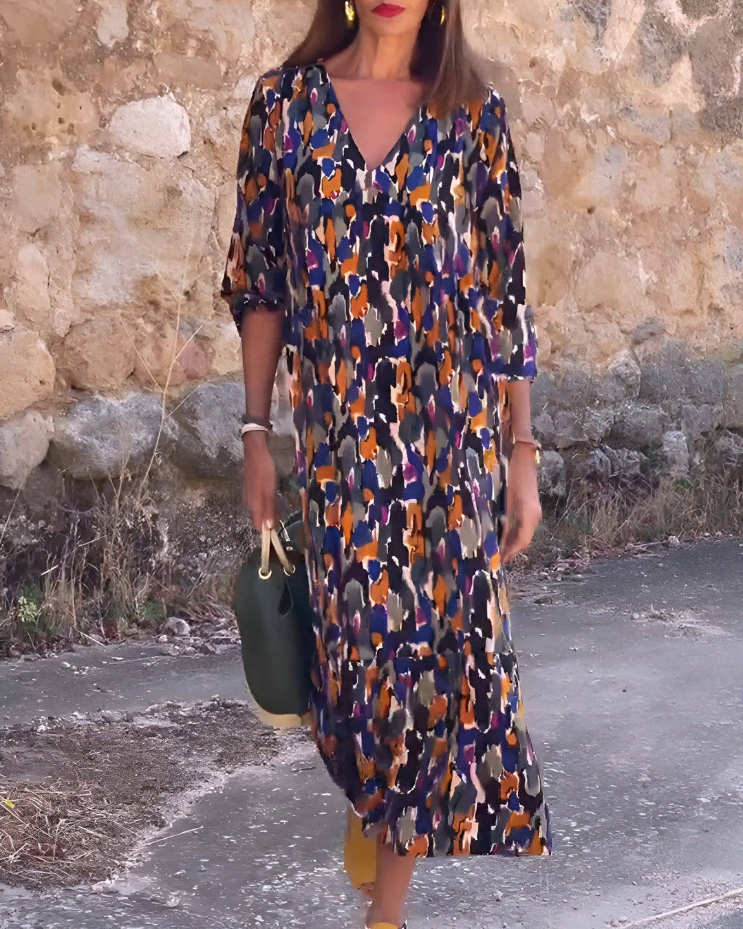 Women's Retro Print V-Neck Dress