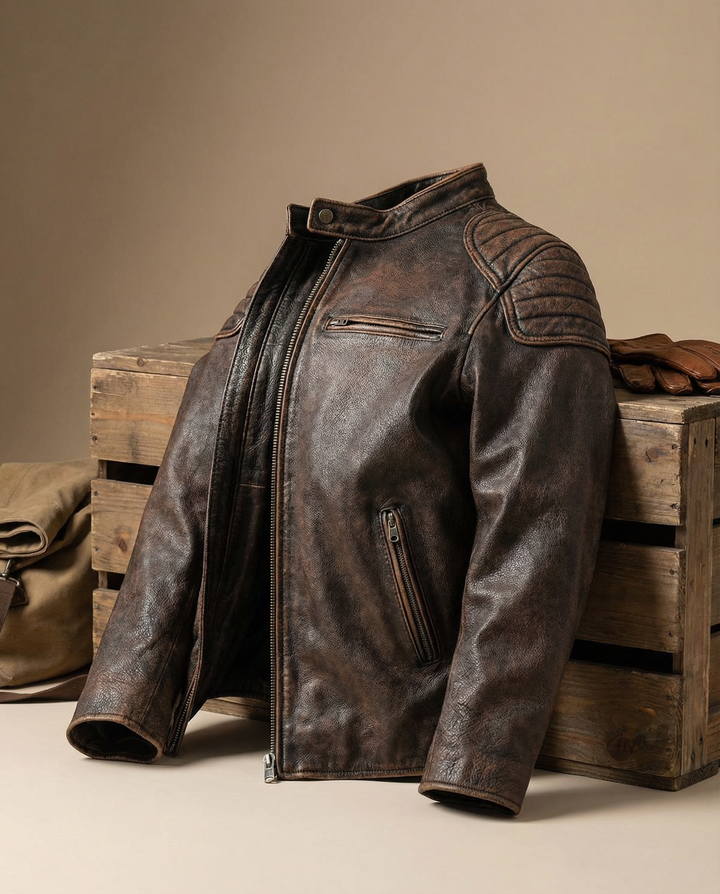 Authentic men's distressed vintage leather jacket. Classic biker style outerwear with a rugged, fashion-forward appeal.