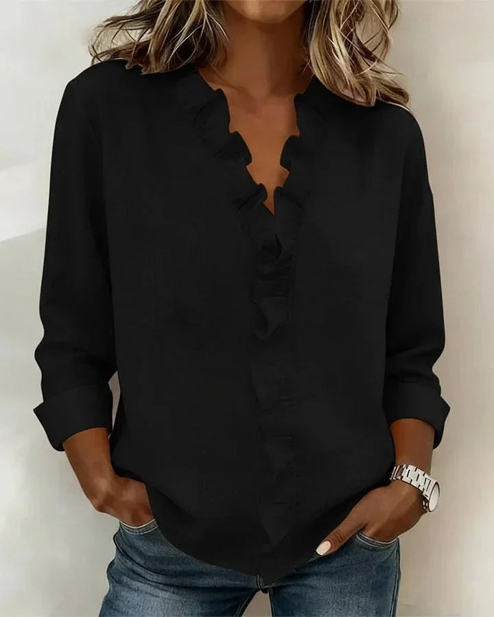 Chic women's ruffled V-neck top, long sleeve design, a fashionable and feminine piece for any wardrobe.