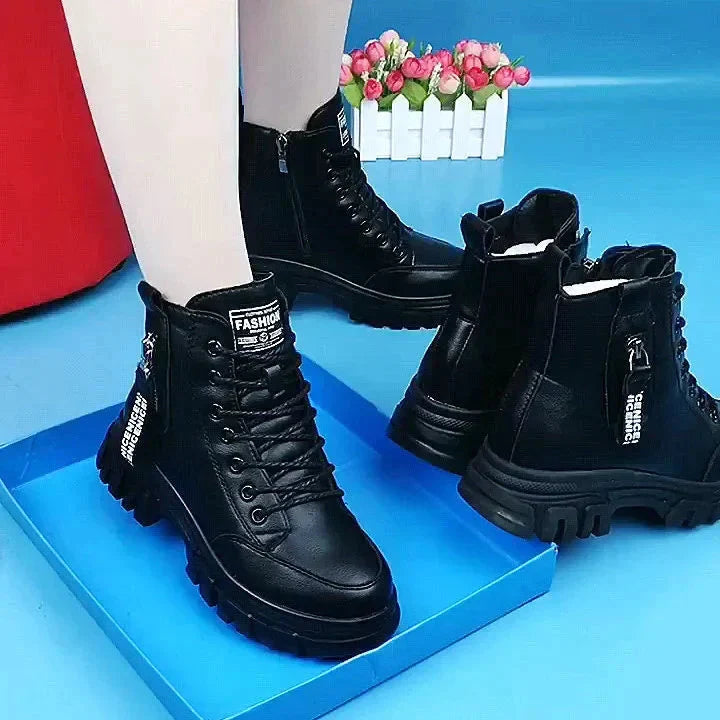 Women's high-top leather combat boots with side zipper & laces, ideal for trendy fall/winter fashion.