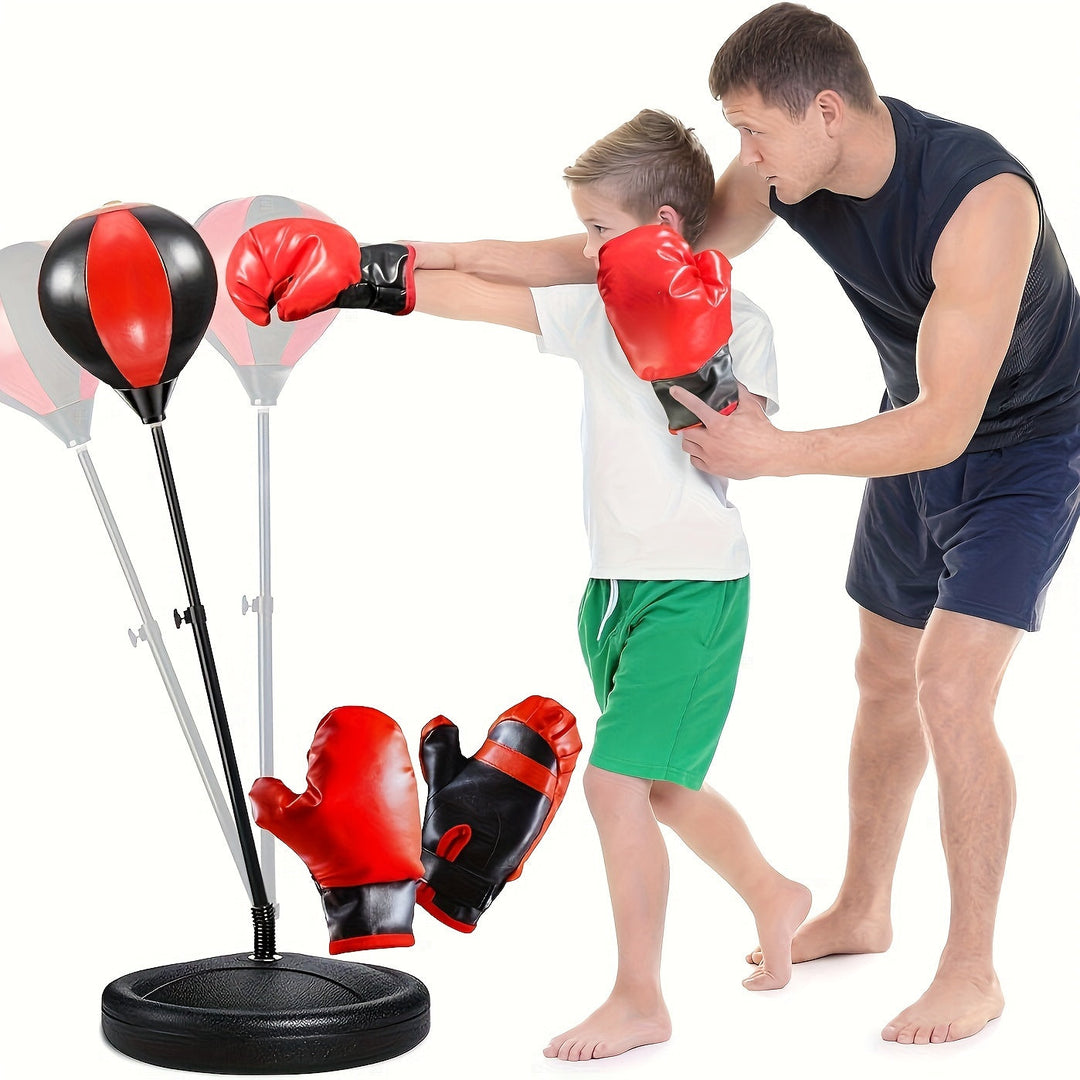 Kids' adjustable punching bag set with gloves for junior boxing training, promoting active play & coordination.