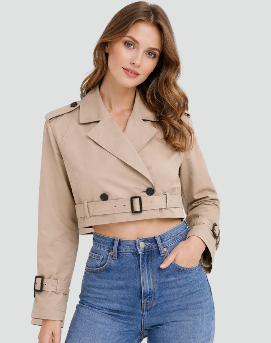 Women's cropped double-breasted trench coat with belt. Tailored, chic spring outerwear.