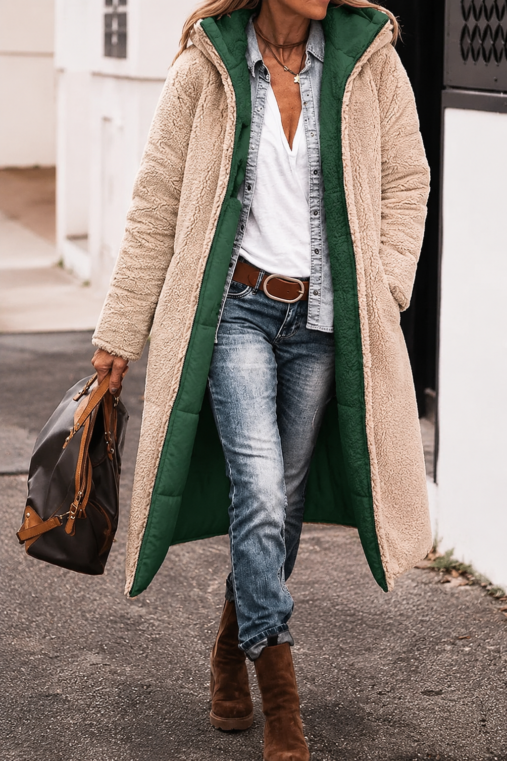 Warm women's reversible outerwear, ideal for cold temperatures and versatile fashion.