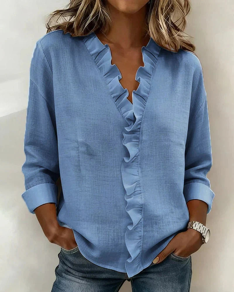 Breathable lightweight women's blouse with V-neck and ruffles, a comfortable top for spring and summer.