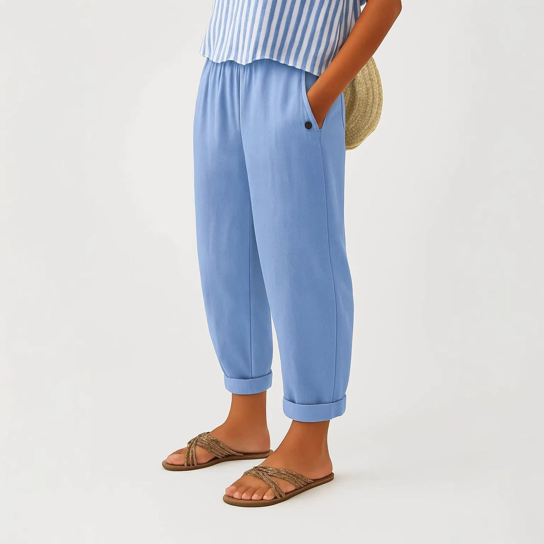 Comfortable women's casual pants featuring unique 3D buttons for a stylish everyday look.