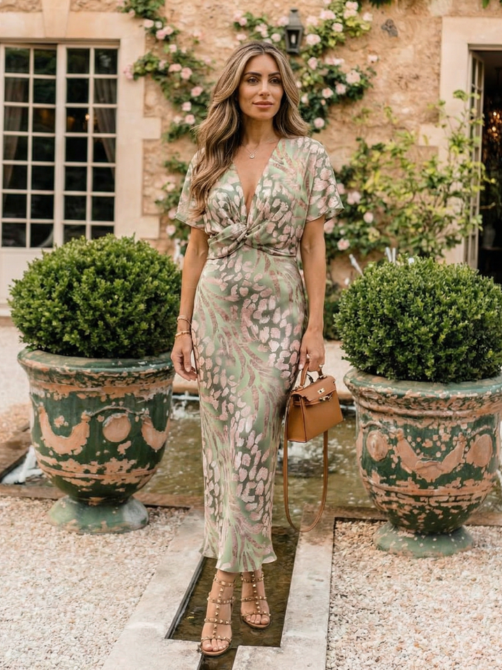Women's abstract print V-neck midi dress with a flattering twist waist, perfect for casual chic spring/summer style.