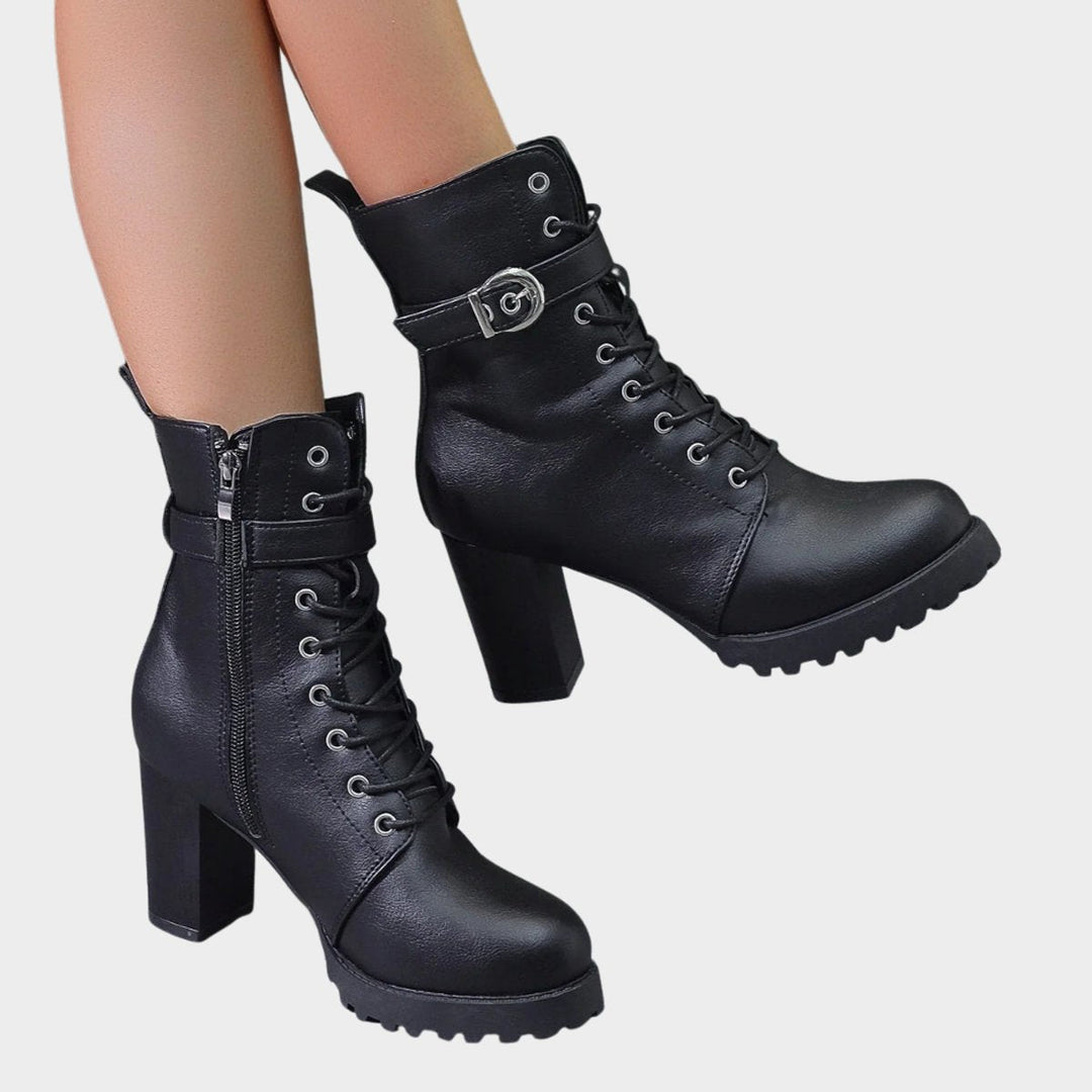 Fashionable women's lace-up combat boots with a chunky block heel, versatile for casual & edgy looks.