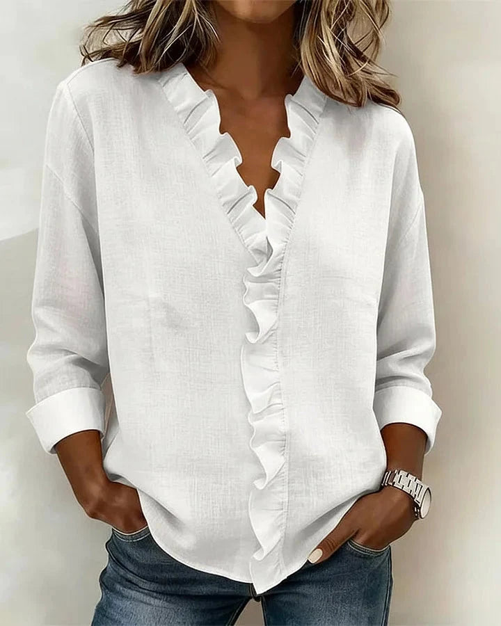 Feminine V-neck ruffled long sleeve blouse for women, ideal for office wear or elegant casual outings.