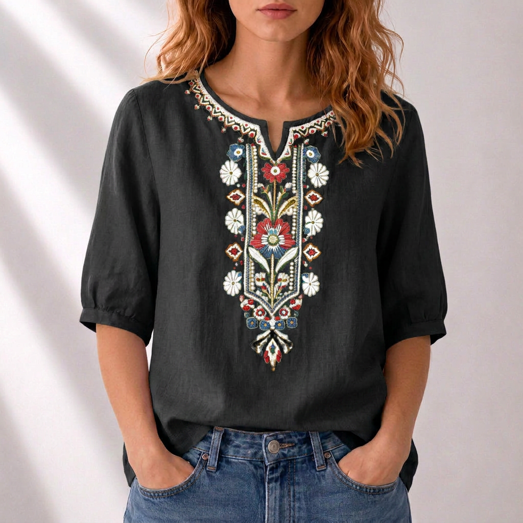 Women's split neck blouse, elegant floral embroidery. Effortless casual chic, relaxed fit for summer days.