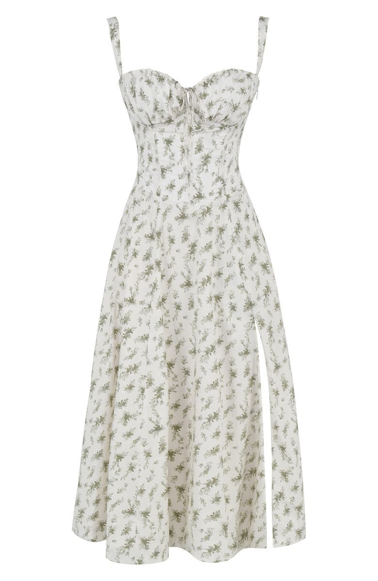 Fitted floral midi dress, women's bustier style with a sweetheart neckline, perfect for summer.