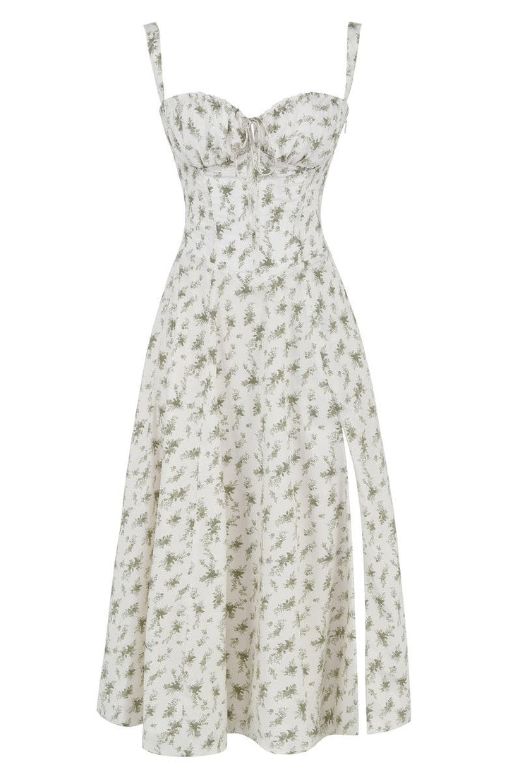Fitted floral midi dress, women's bustier style with a sweetheart neckline, perfect for summer.