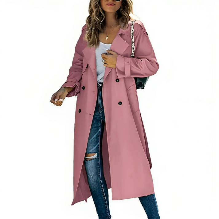 Elegant women's double-breasted trench coat in a classic style, perfect for sophisticated spring and fall outerwear.