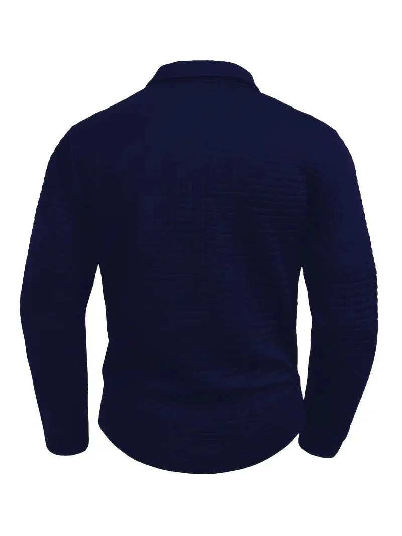 Men's smart casual long-sleeve polo shirt with geometric pattern texture and functional sleeve pocket.