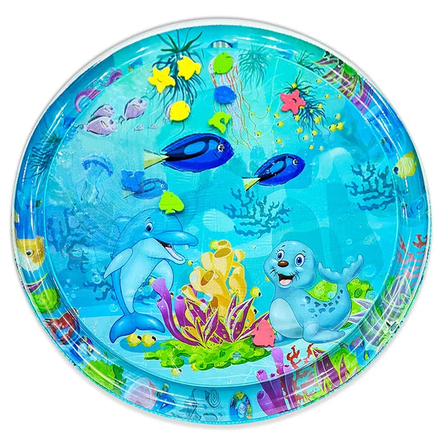 Kids' inflatable water activity mat with floating dolphin & seal figures, perfect for developmental tummy time.