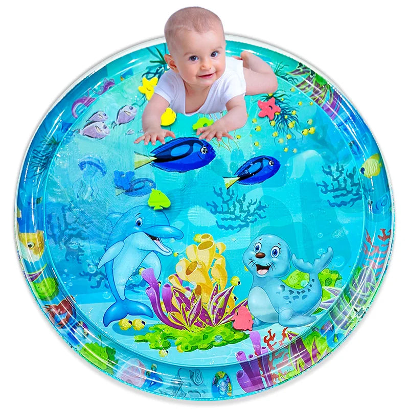 Inflatable water play mat for babies & toddlers, featuring colorful dolphins & seals for sensory tummy time fun.