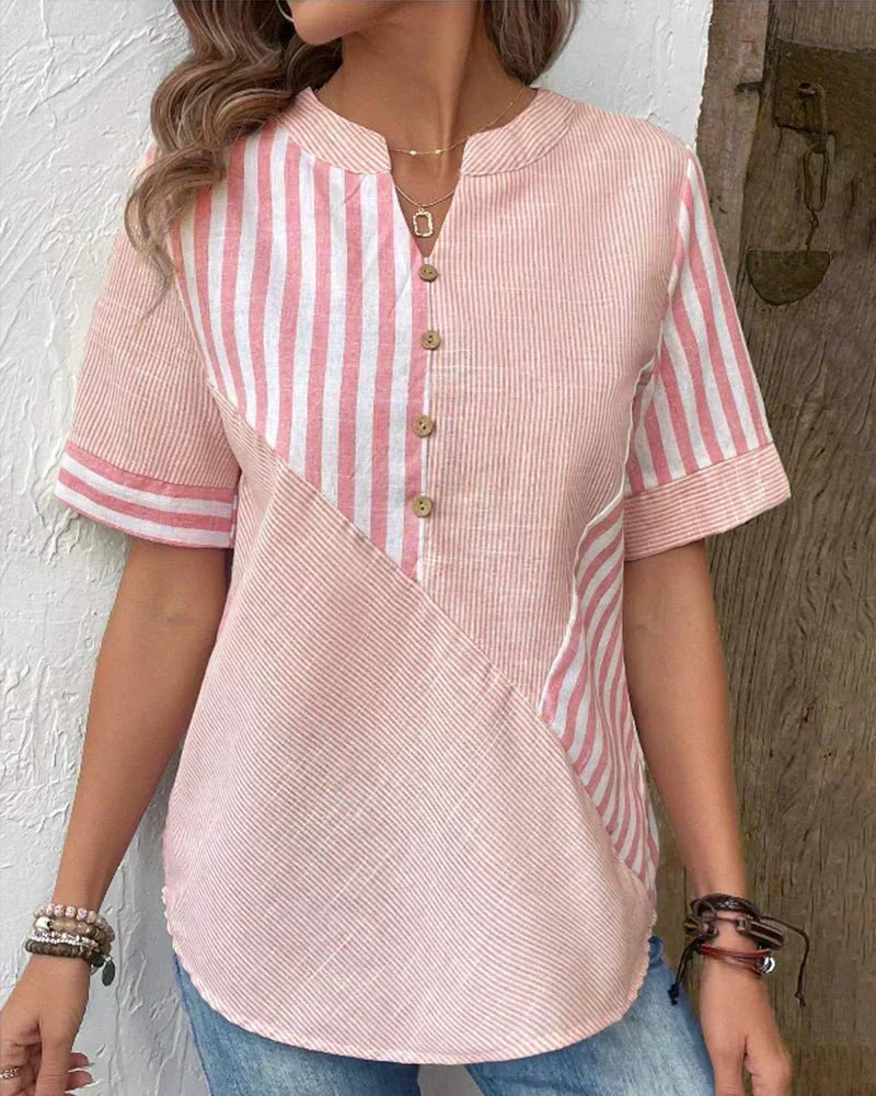 Soft women's striped round neck blouse, perfect versatile fashion for comfort and style.