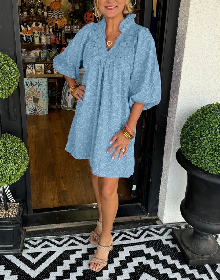 Women's Jacquard Mini Dress with V-Neck and Puff Sleeves