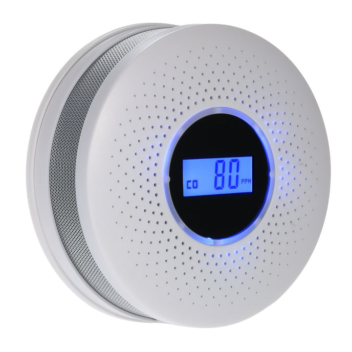 Home safety dual sensor alarm for carbon monoxide & smoke detection, providing emergency alerts.