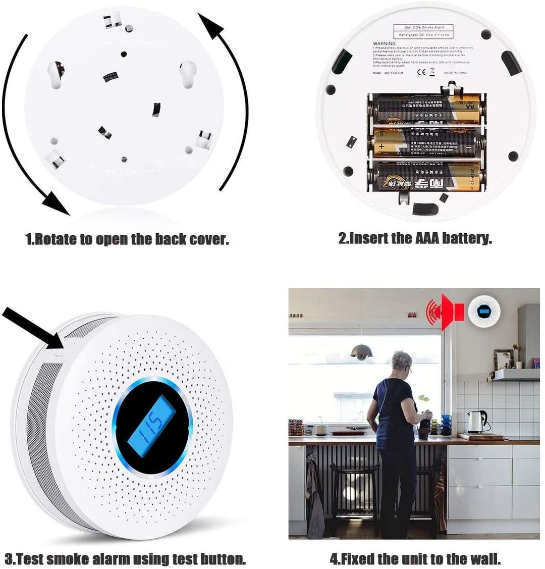 Modern carbon monoxide & smoke detector alarm mounted on a ceiling for home safety and fire protection.