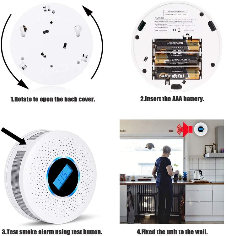 Modern carbon monoxide & smoke detector alarm mounted on a ceiling for home safety and fire protection.