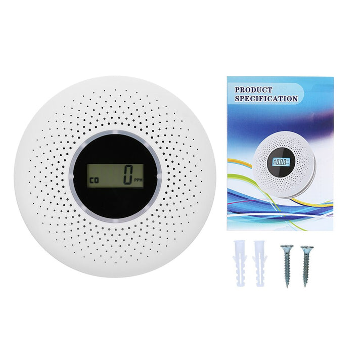 Compact dual sensor smoke and carbon monoxide detector, essential home safety device with loud alarm.