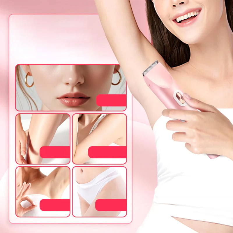 Ergonomic cordless electric razor for women, combining a shaver & precision bikini trimmer.