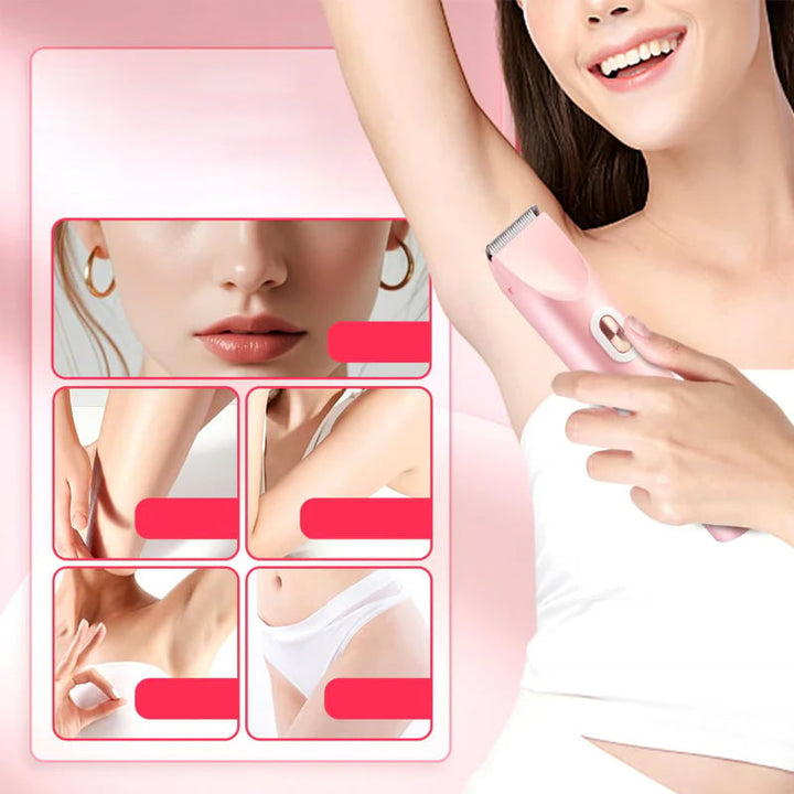 Ergonomic cordless electric razor for women, combining a shaver & precision bikini trimmer.