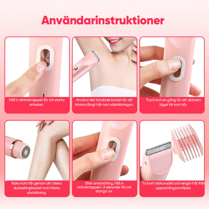 Compact women's 2-in-1 shaver for legs, underarms & bikini line, delivering lasting smooth results.