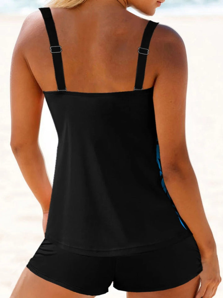 Summer fashion women's tankini swimwear set, complete with a flattering top and low-rise shorts for vacations.