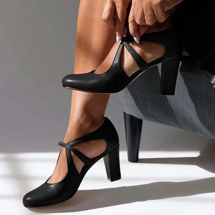 Stylish closed-toe block heels for women, featuring a secure strap for comfort. Ideal for formal, work, or special events.