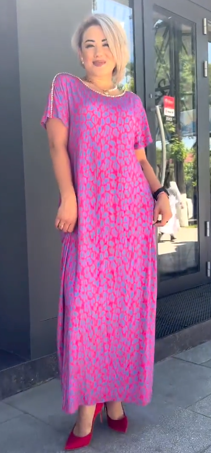 Fashionable women's A-line V-neck sleeveless summer dress in rose red floral print. Elegant for parties & casual wear.