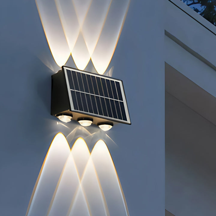 Waterproof outdoor solar light for walls, a stylish LED sconce for pathway lighting and exterior home decor.