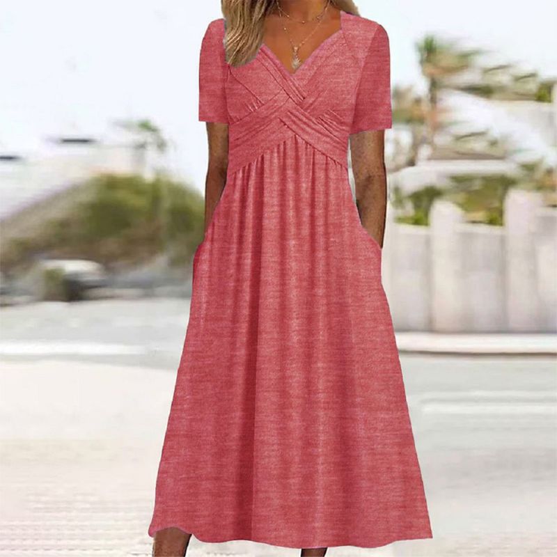 Lightweight and comfortable women's V-neck dress, a perfect silhouette for elegant summer fashion.