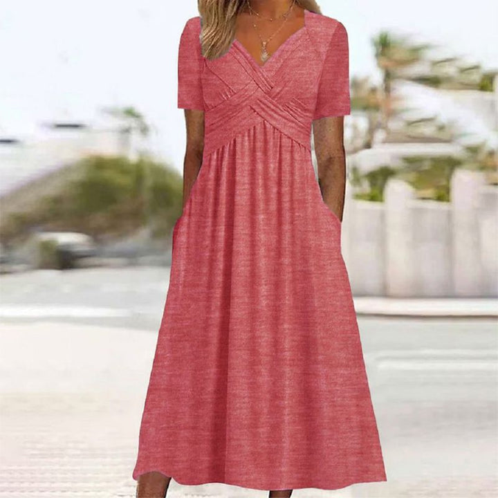 Lightweight and comfortable women's V-neck dress, a perfect silhouette for elegant summer fashion.