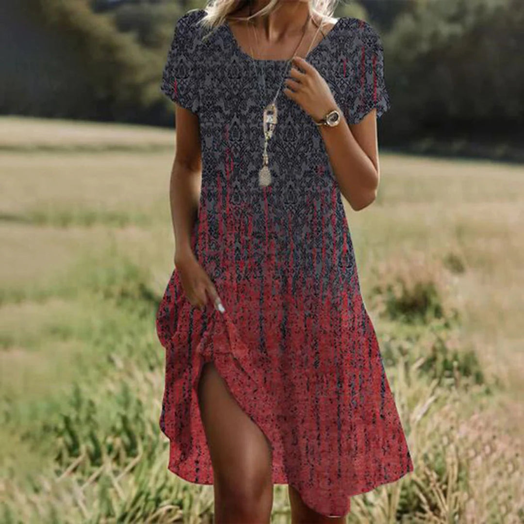 Loose fit a-line boho summer dress for women, comfortable floral print midi, perfect for warm spring days.