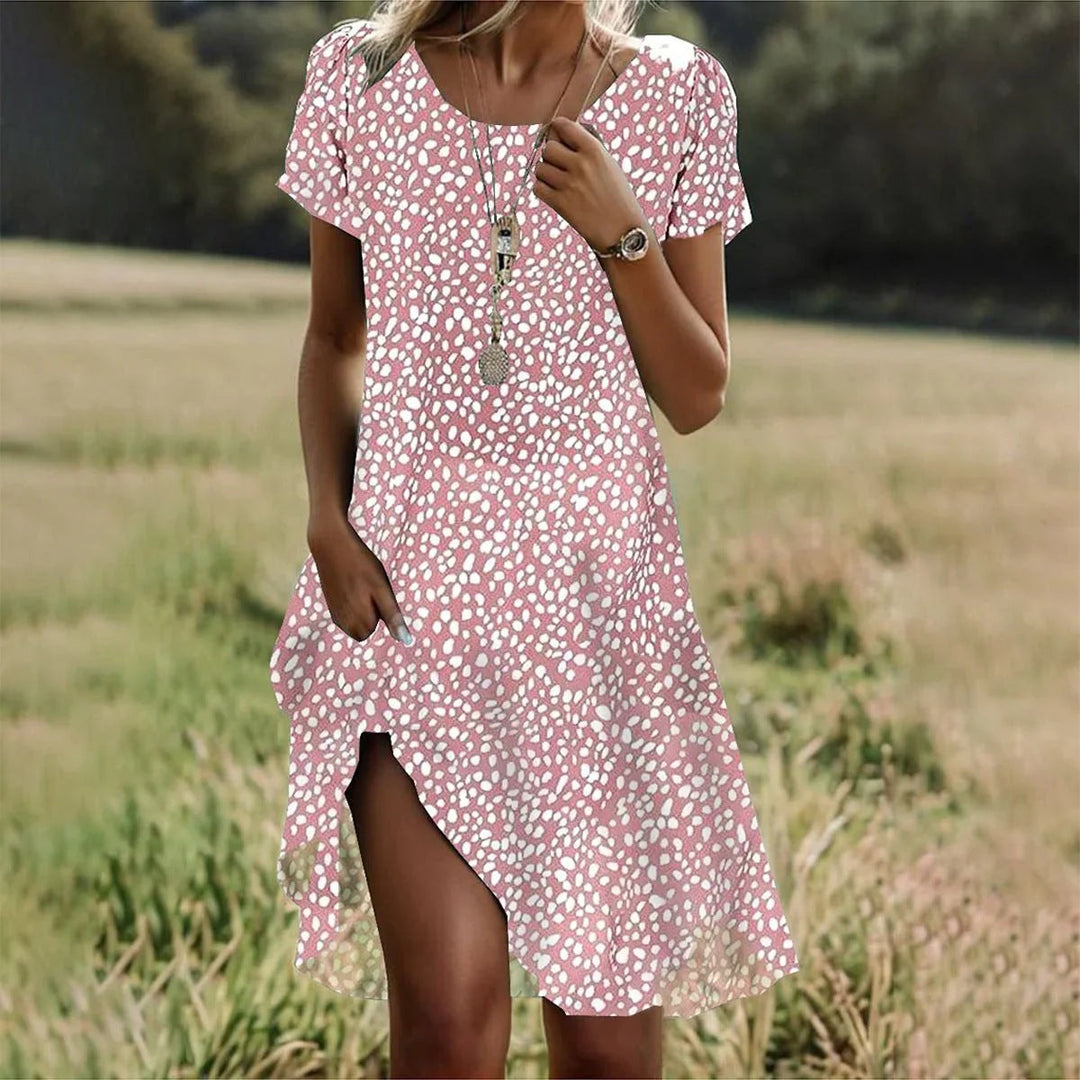 Front view of Sienna floral print boho summer dress, women's casual a-line midi, perfect for spring/vacation.