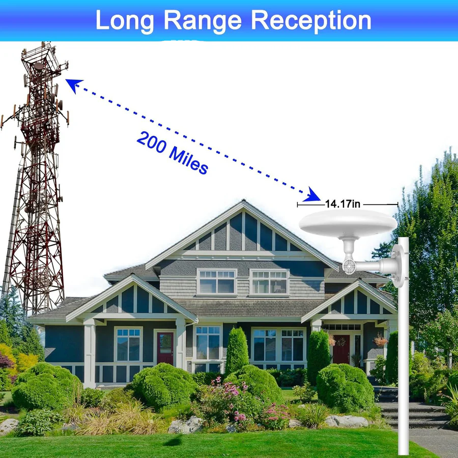 Sleek outdoor digital antenna mounted on a pole, providing free long-range 4K & HD TV signals for home.