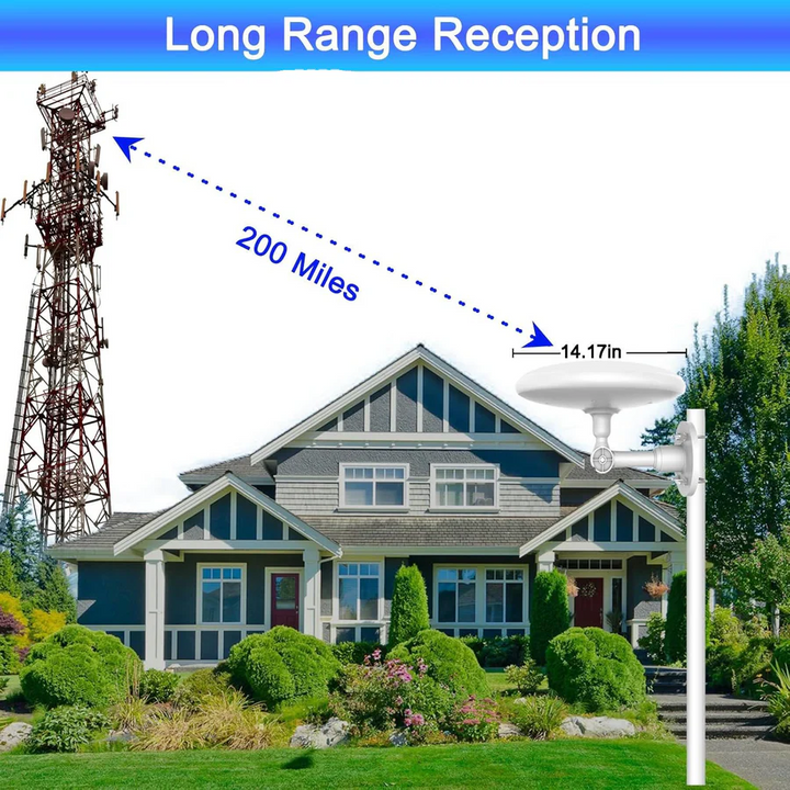 Sleek outdoor digital antenna mounted on a pole, providing free long-range 4K & HD TV signals for home.