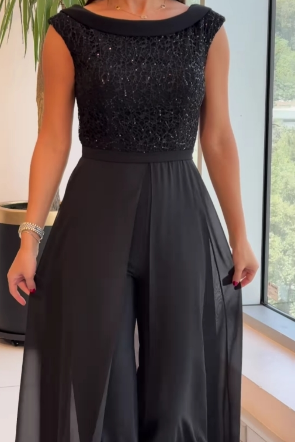 Women's Textured Crew-Neck Jumpsuit