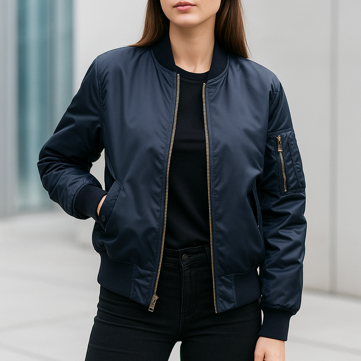 Stylish women's MA-1 bomber jacket, a lightweight and warm outerwear for a chic, urban streetwear vibe.